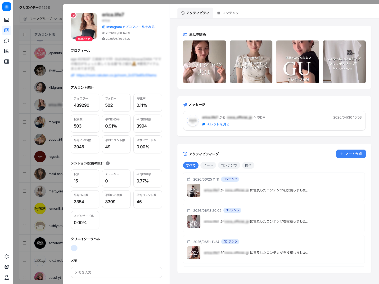 クリエイターのプロフィール、最近の投稿、メッセージ、アクティビティログを確認するCRM画面