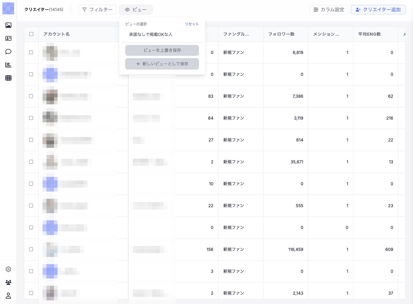 クリエイター一覧のビューメニュー