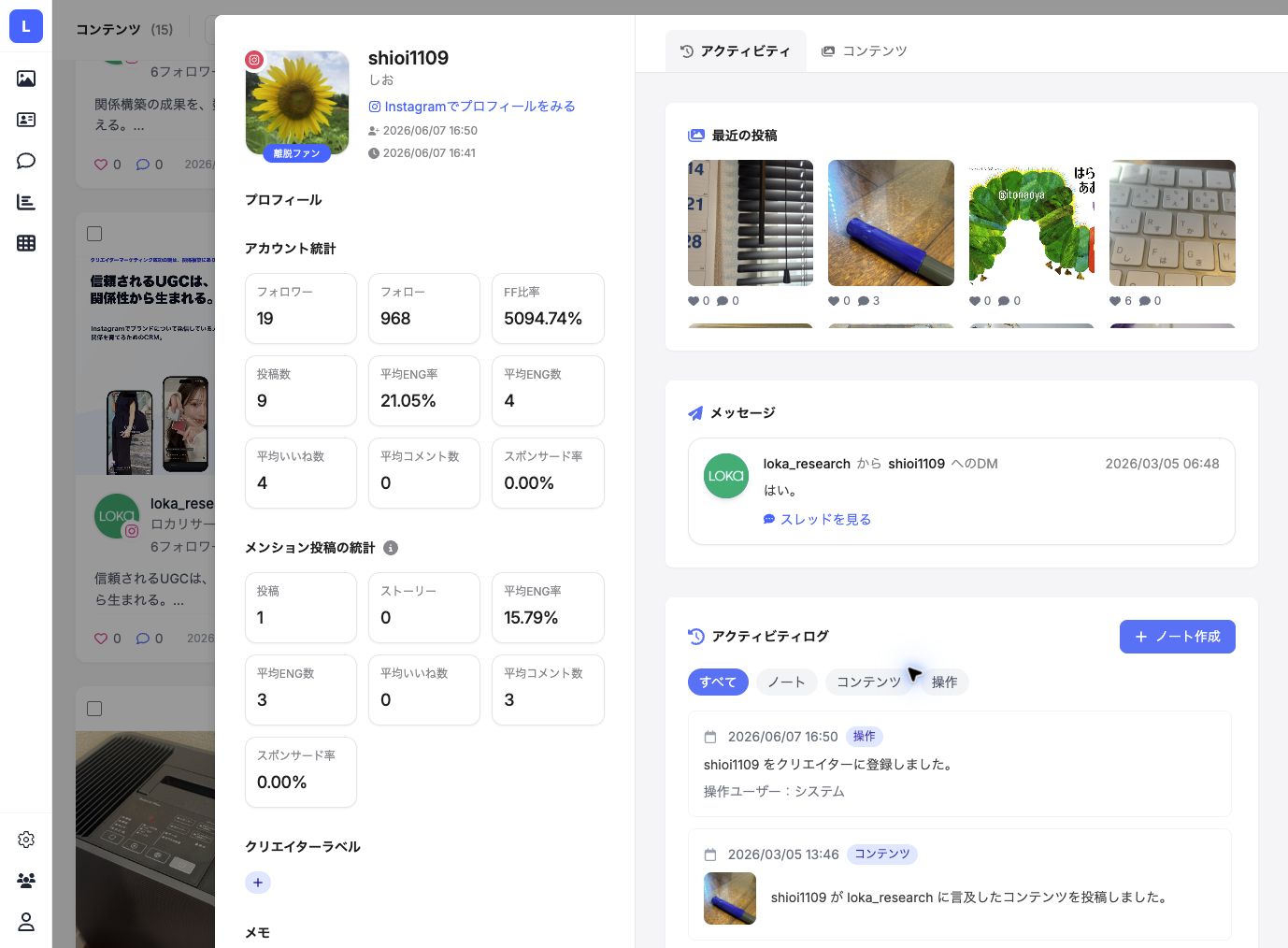 コンテンツから開いたクリエイター詳細
