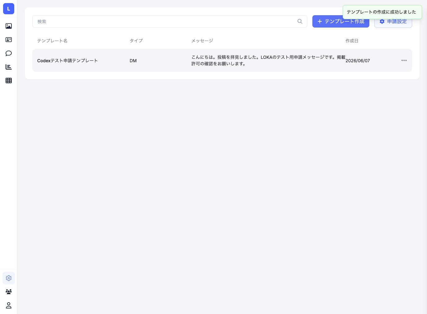 作成したメッセージテンプレートが一覧に表示された画面