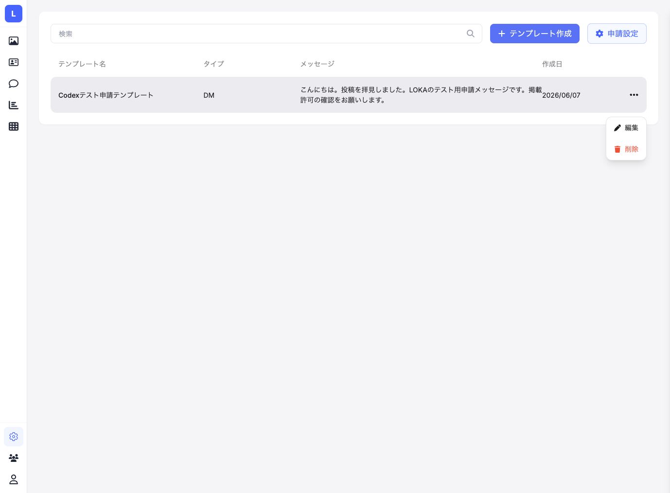 メッセージテンプレート行の編集と削除メニュー
