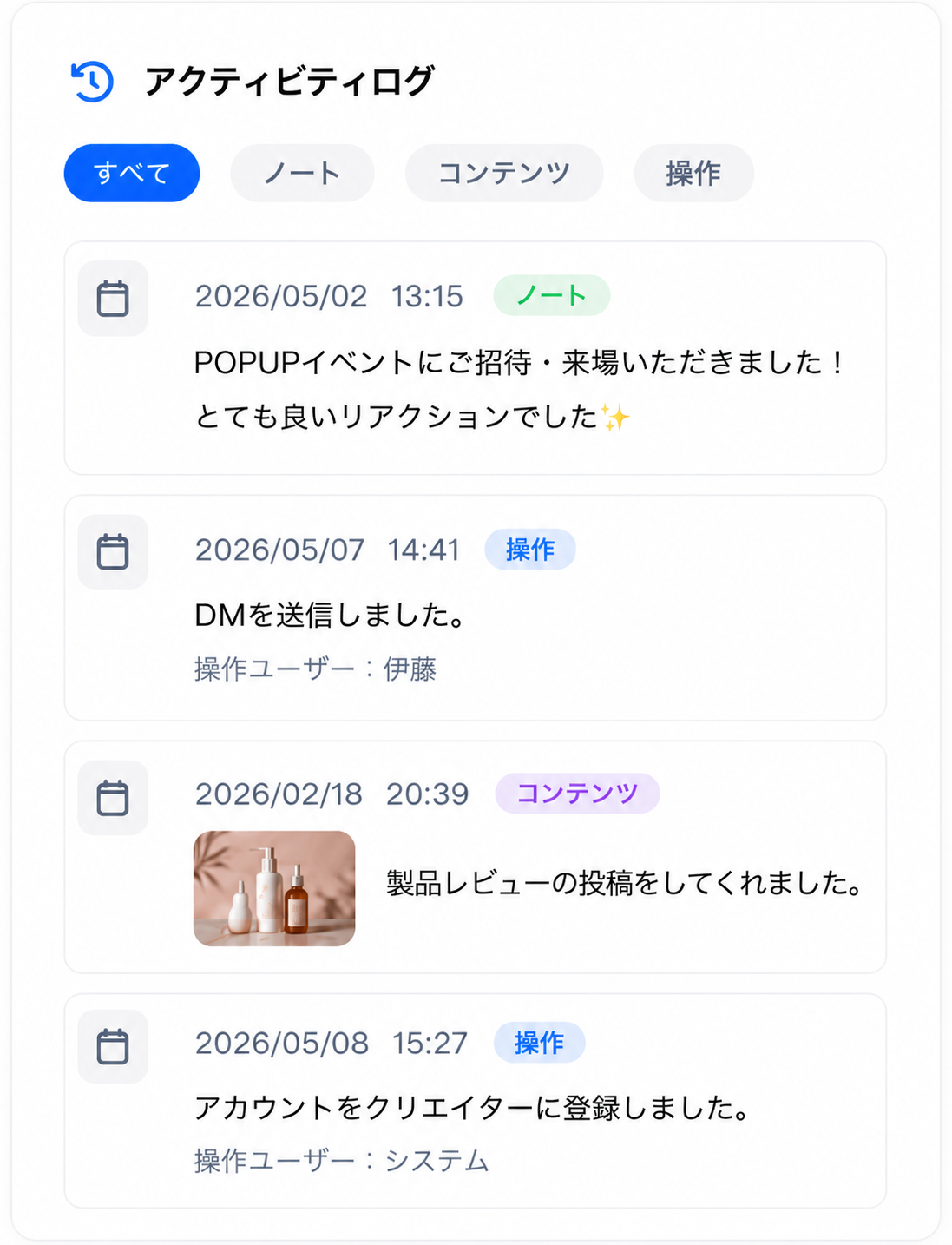 クリエイターのアクティビティログ画面